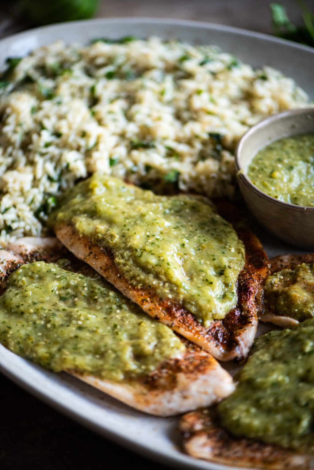 salsa verde flounder served family style with rice
