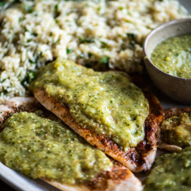 salsa verde flounder served family style with rice