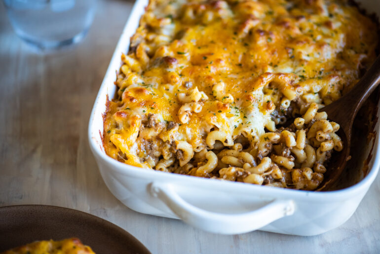 close up shot of cheeseburger casserole