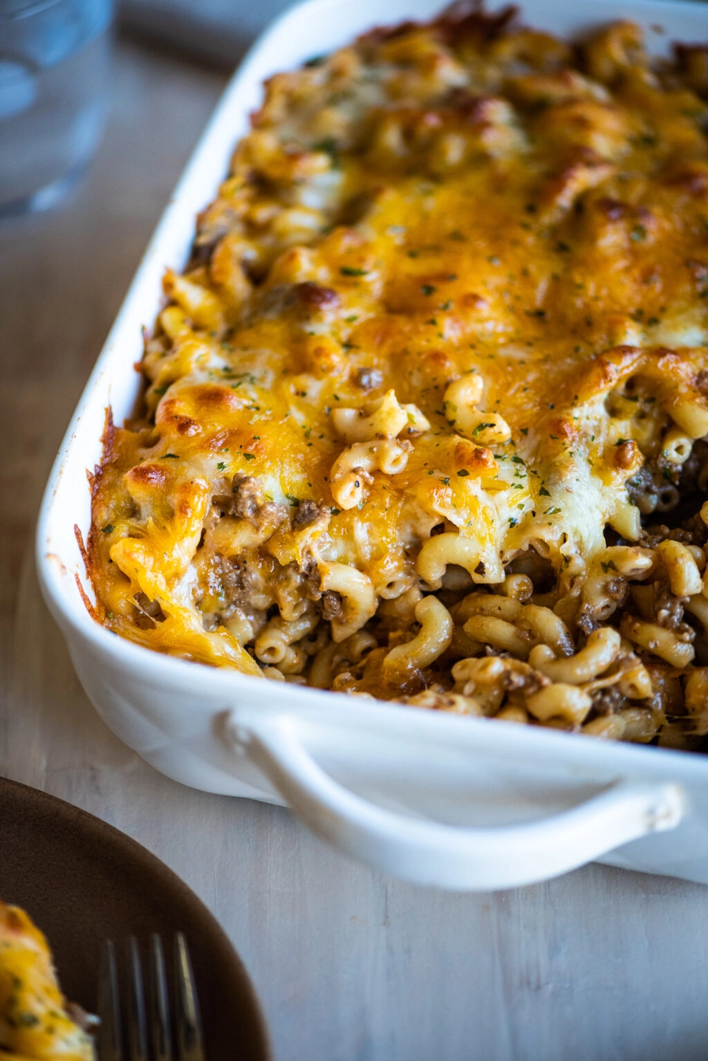 close up shot of cheeseburger casserole