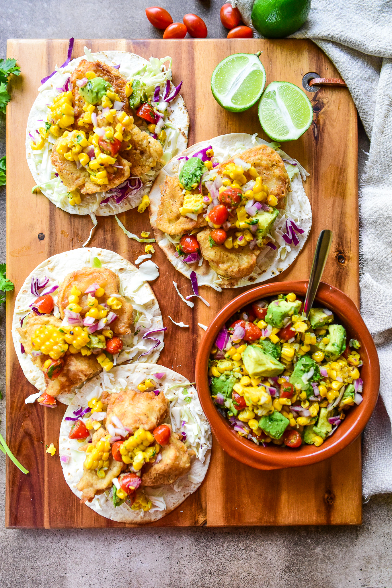 Crispy Fish Tacos with Grilled Corn Salsa