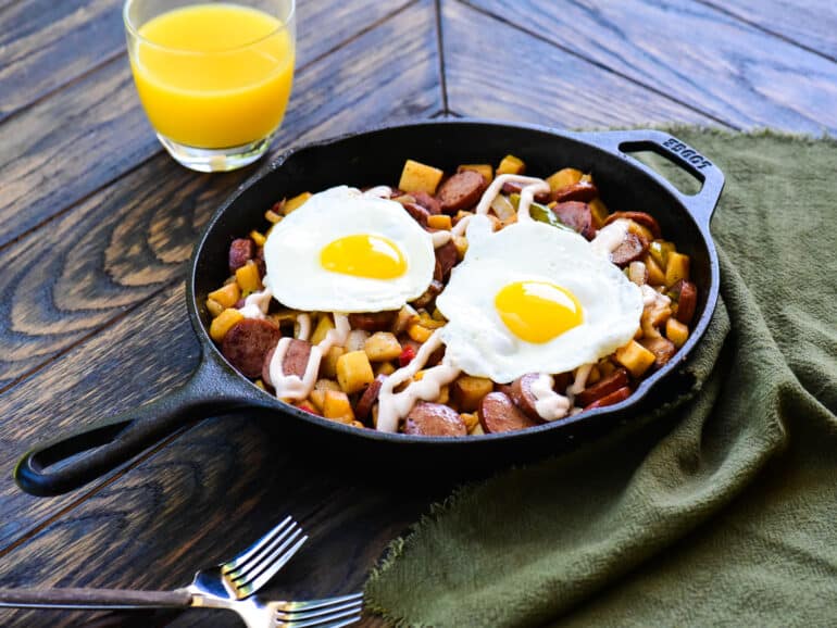Turkey breakfast skillet served with orange juice