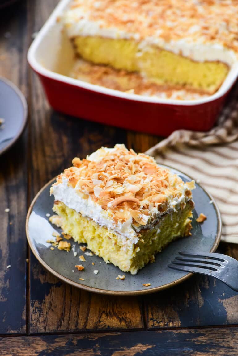 single slice of coconut tres leches cake