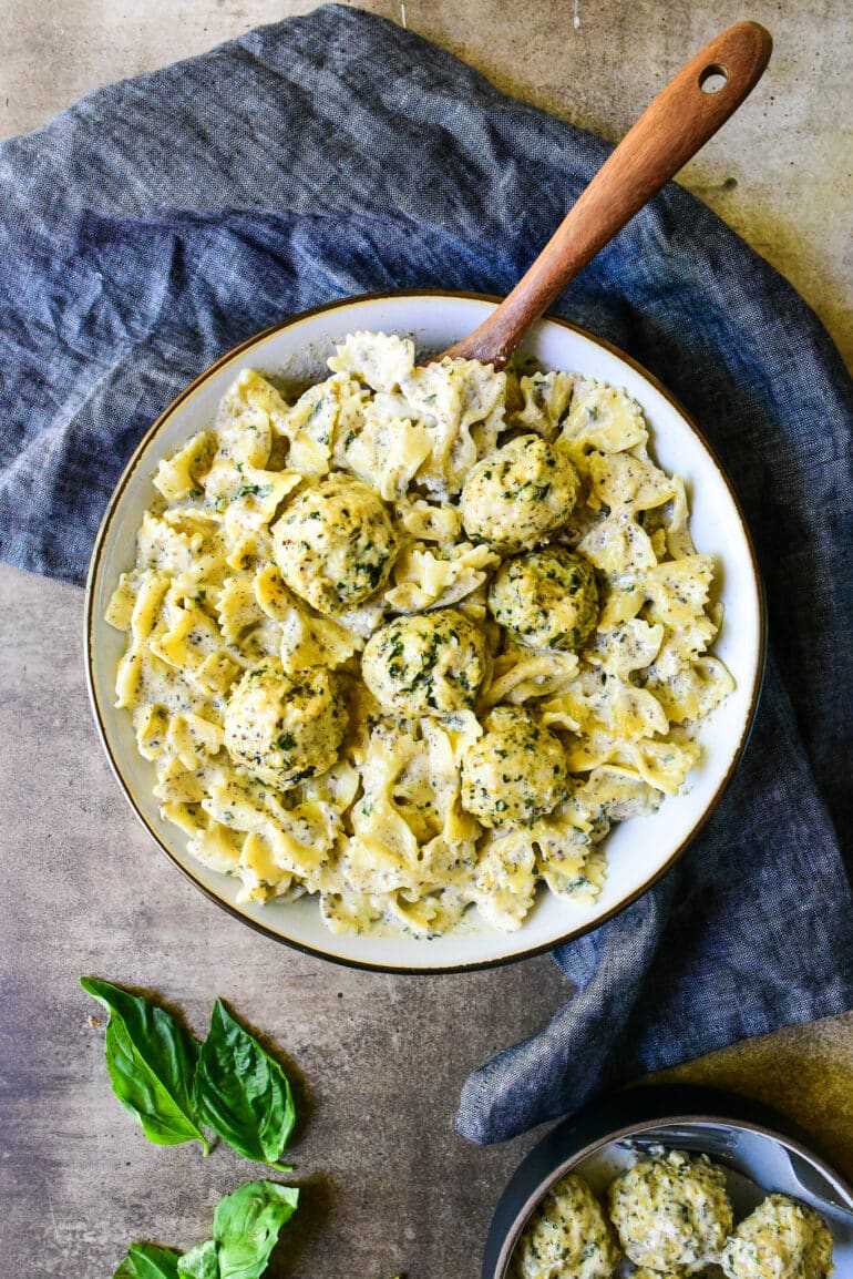overhead shot of truffled chicken meatball pasta