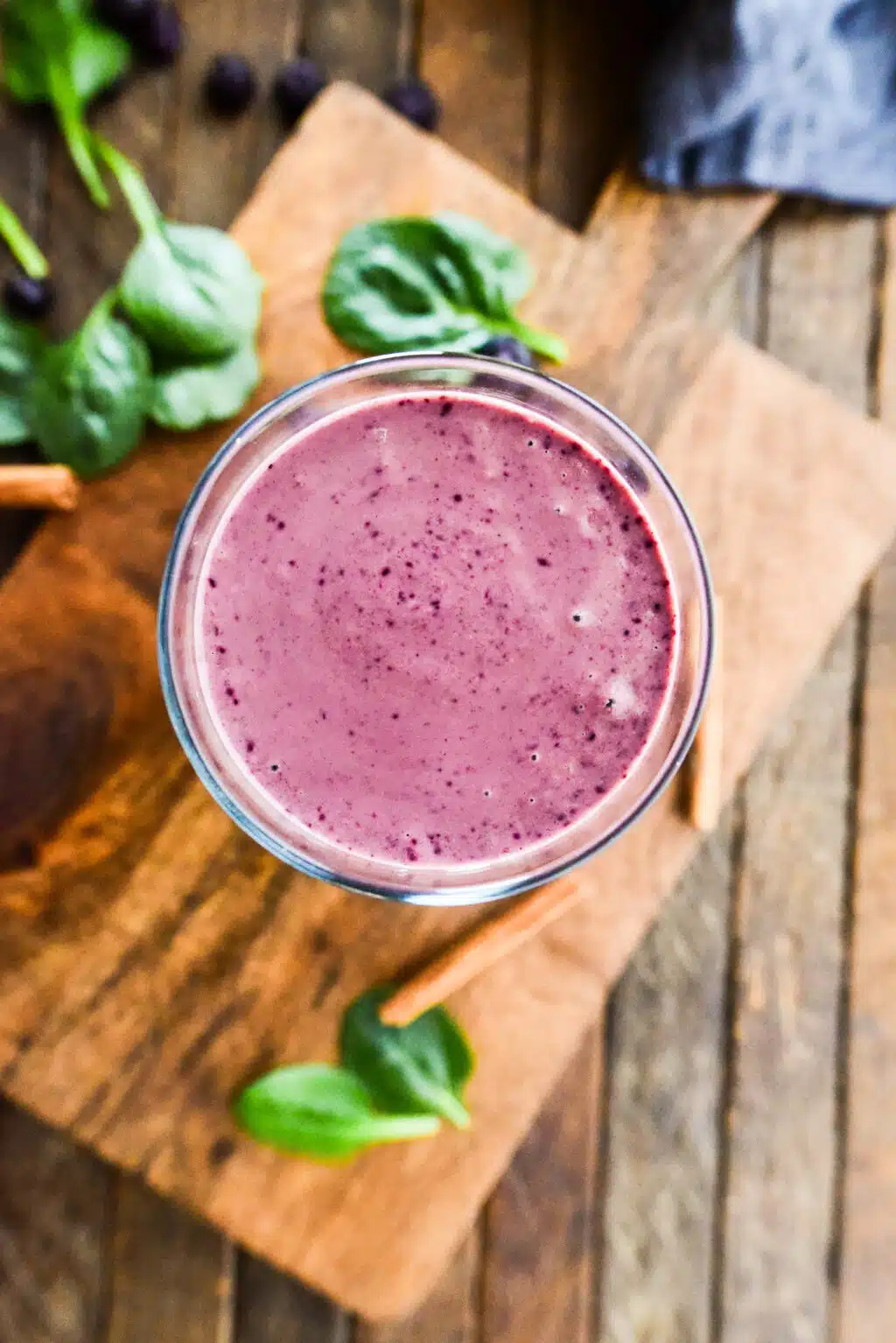 overhead shot of healthy blueberry smoothie