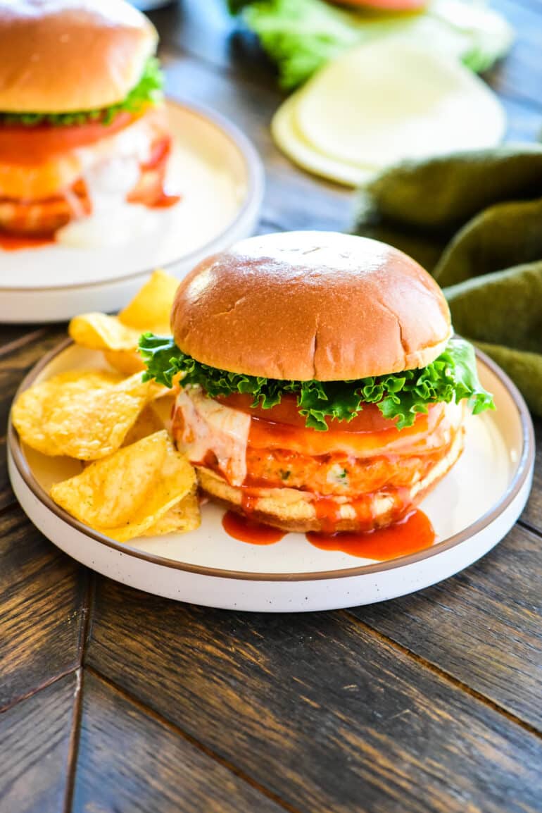Buffalo Chicken Burger served with potato chips
