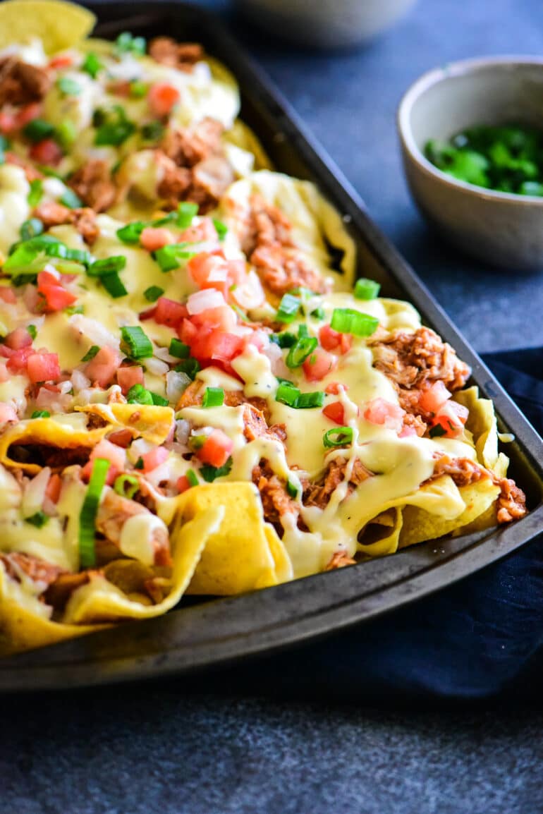 sheet pan of chicken enchilada nachos