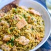 serving dish of cajun salmon orzo