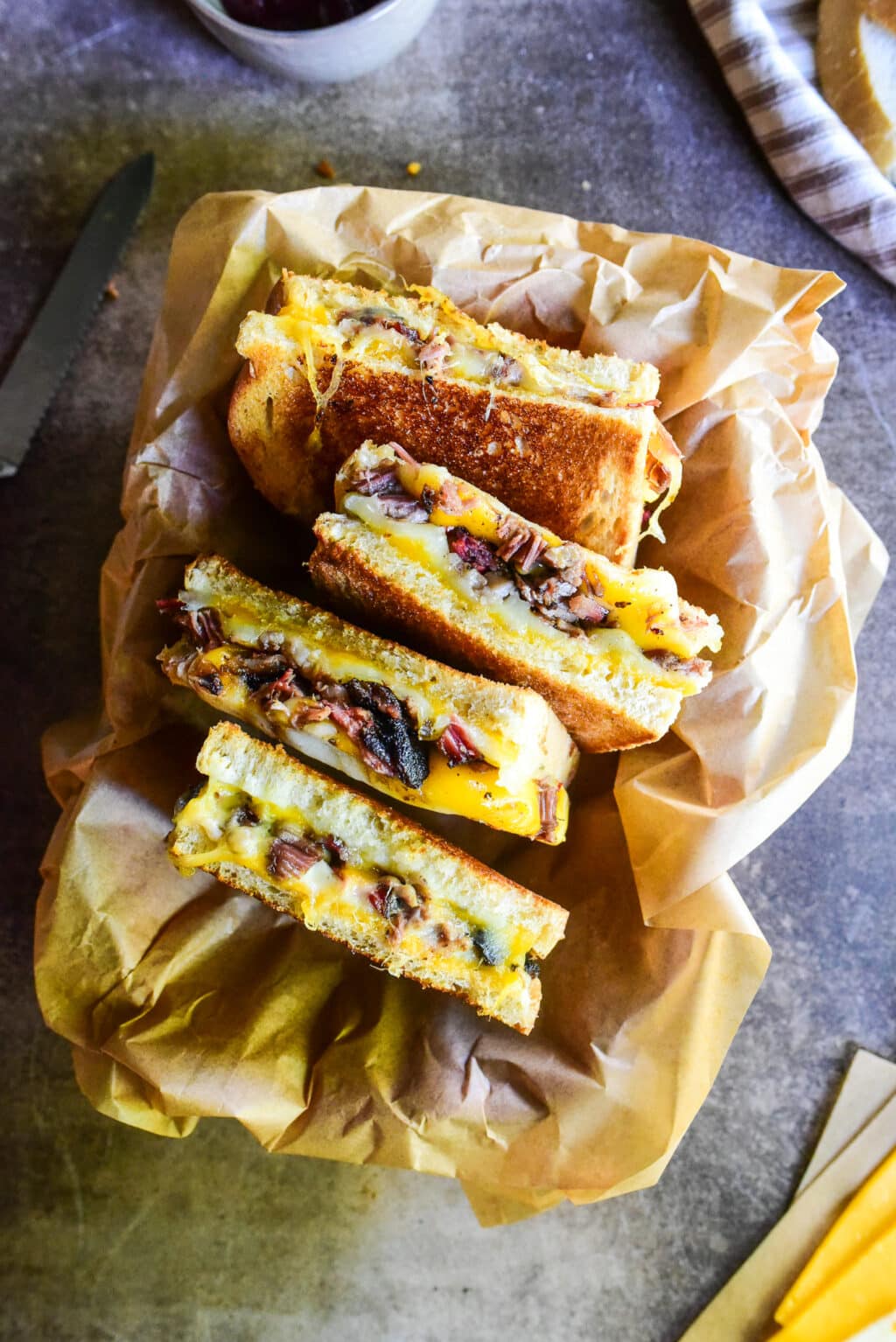 cut brisket grilled cheese sandwiches