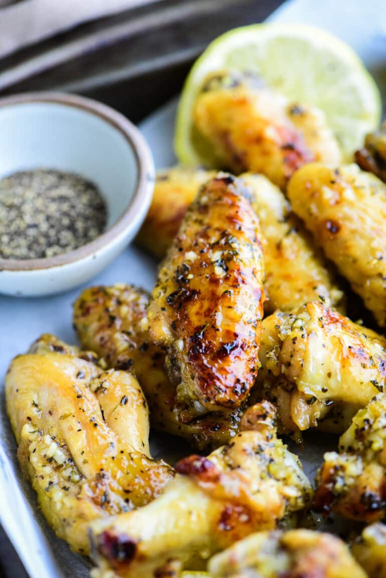 crispy baked chicken wing with close up of chicken flat