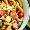 close-up shot of Greek pasta salad