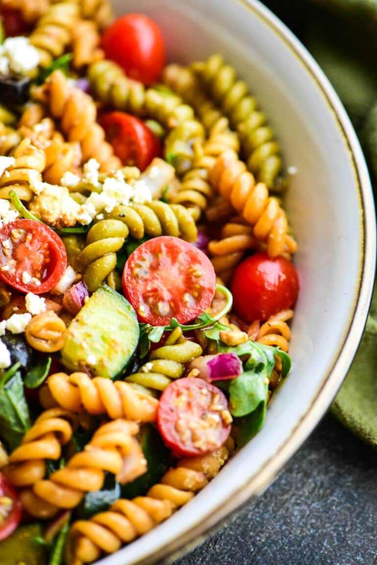 close-up shot of Greek pasta salad