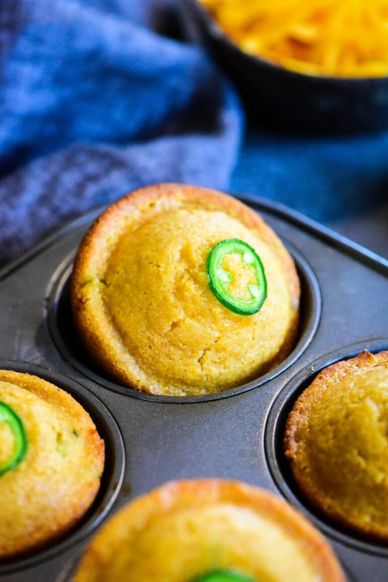 one jalapeno cornbread muffin close-up