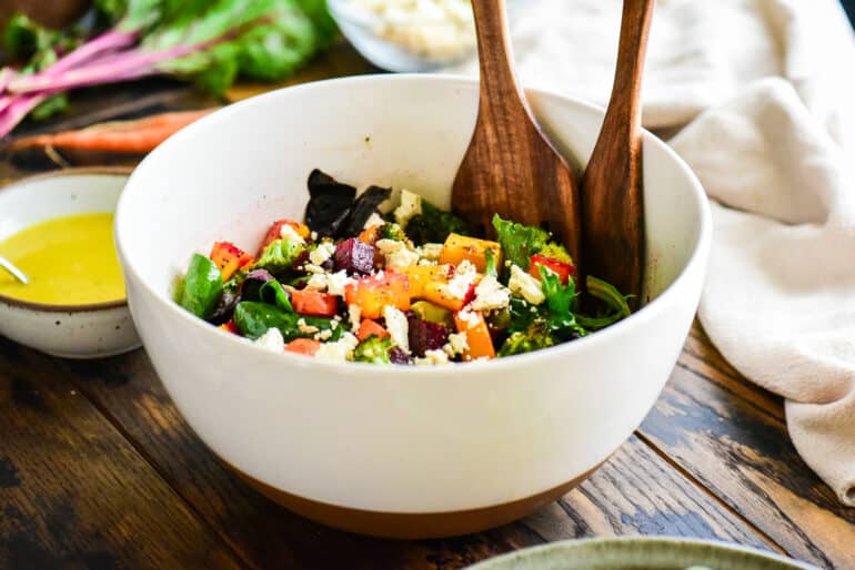 large serving bowl of roasted veggie salad
