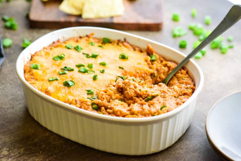 honey bbq chicken dip in a casserole dish