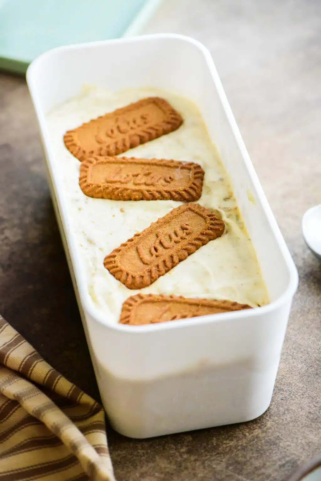 no-churn Biscoff ice cream in a freezer-safe storage tub.