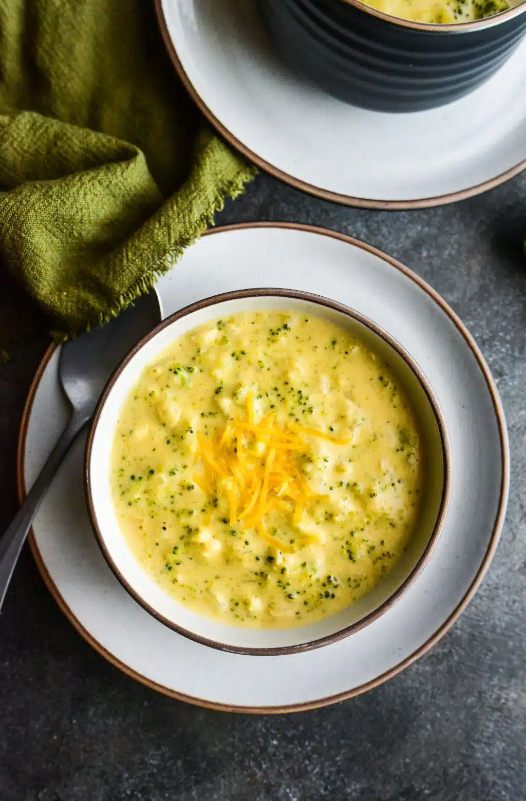 overhead shot of broccoli cheese soup