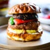 hawaiian burger with bell peppers, pineapple, and mushrooms