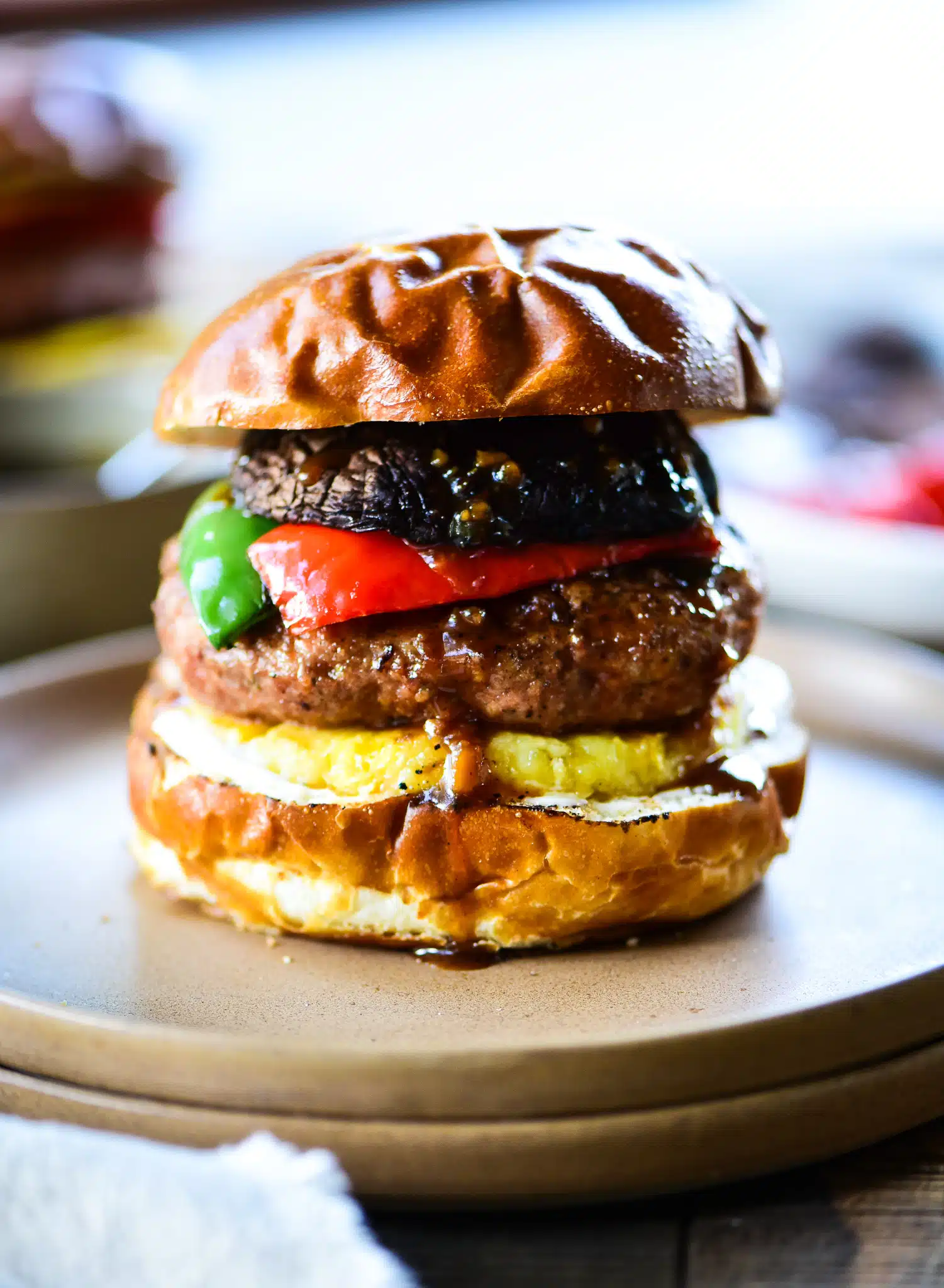 hawaiian burger with bell peppers, pineapple, and mushrooms