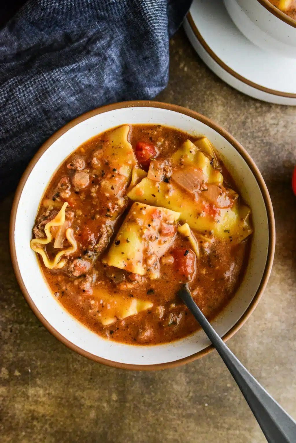 overhead shot of lasagna soup