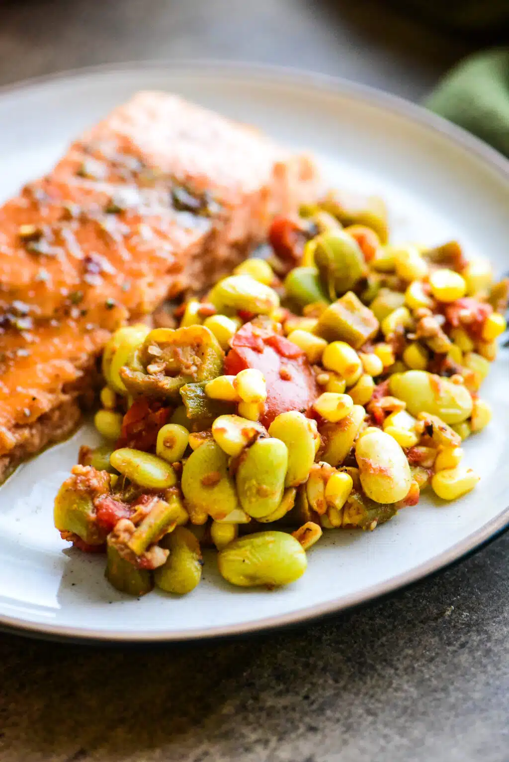 vegetarian succotash served with salmon