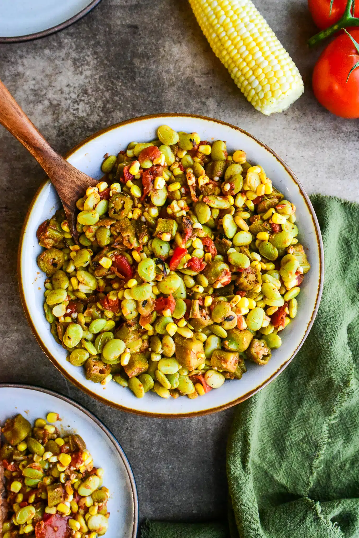 overhead shot of a large serving bowl of succotash
