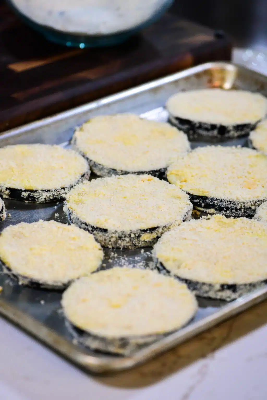 breaded eggplant getting ready for the oven