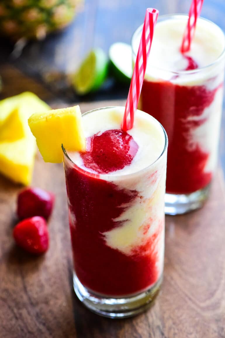 frozen miami vice cocktail served with a straw