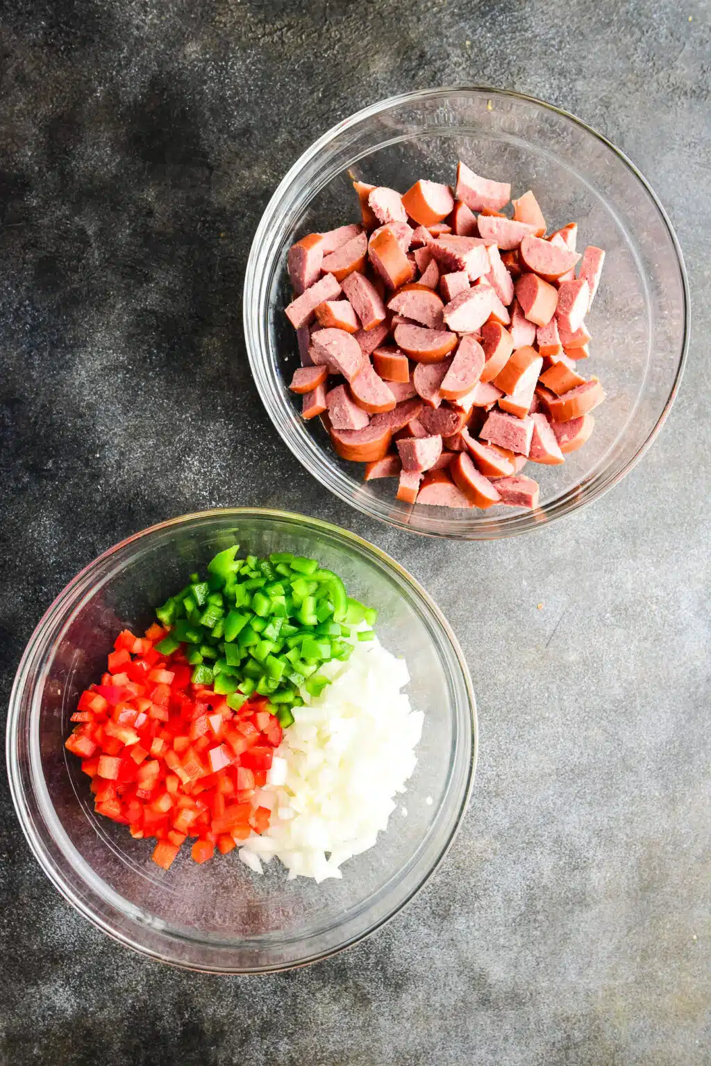 chopped turkey sausage, bell peppers, and white onion