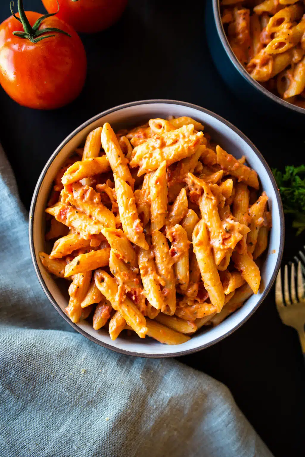 overheard shot of a single bowl of easy Simple Penne alla Vodka