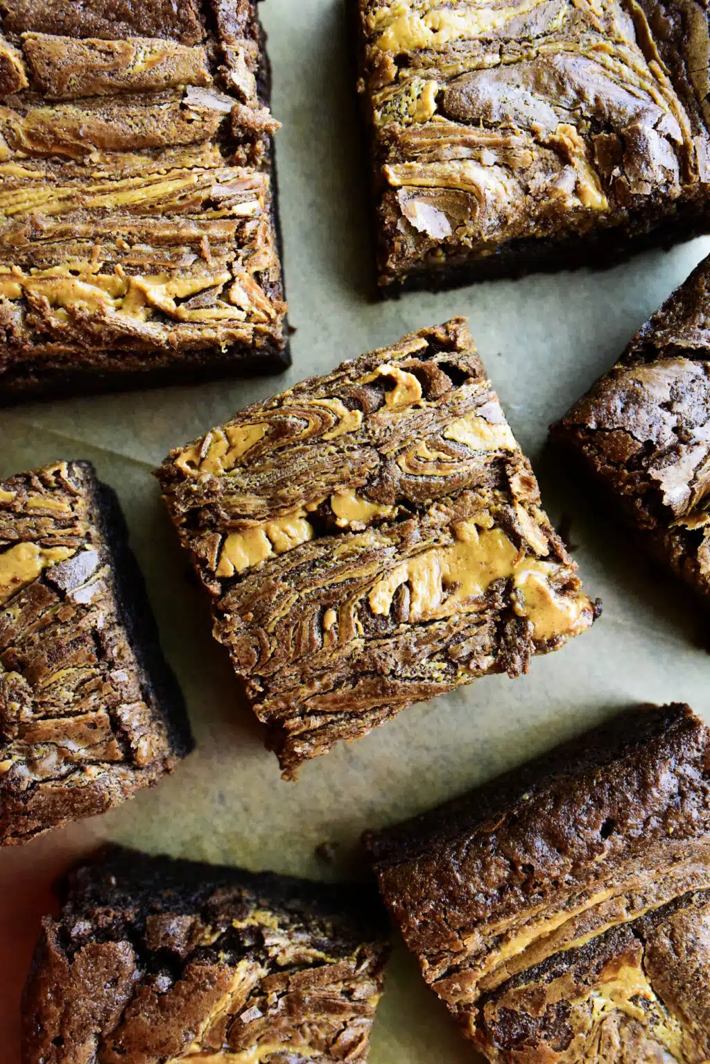 overhead shot of fudgy peanut butter swirl brownies