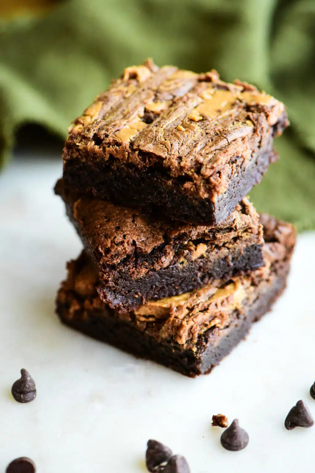 stack of three fudgy peanut butter brownies