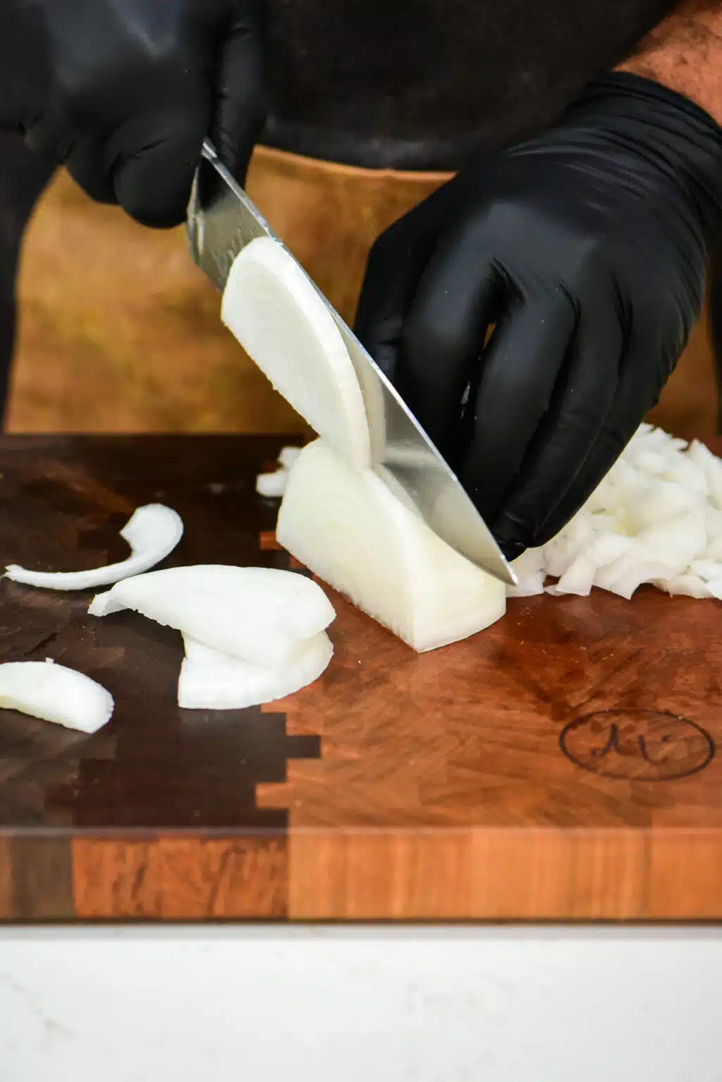 chopping the white onion