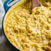 close-up of oven-baked chicken and herb risotto in a large saucepan