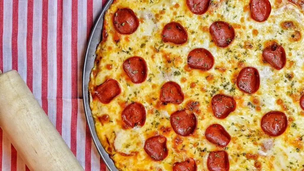 Overhead shot of a homemade turkey pepperoni pizza